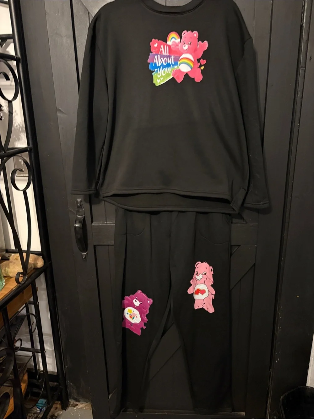 Black Care Bear Graphic Jogger Set with Pink Bear Accents
